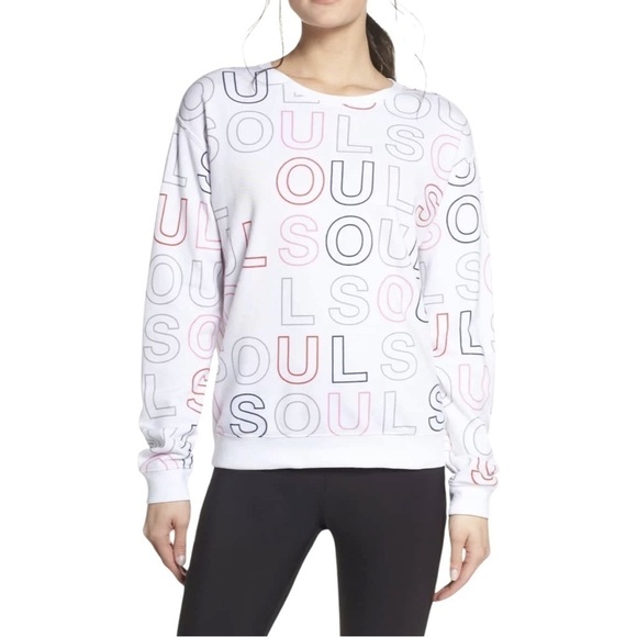 NWT SOULCYCLE Colorful Logo White Crew Neck Long Sleeve Sweatshirt - Picture 1 of 4